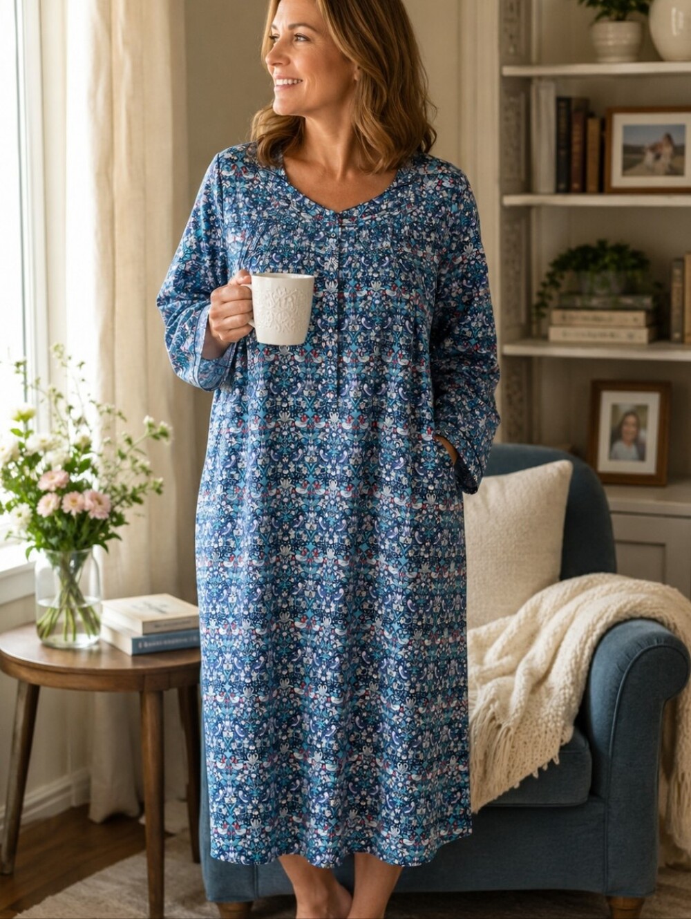 Ella Simone Blue William Morris Strawberry Thief Bird Floral Print Long Sleeve L